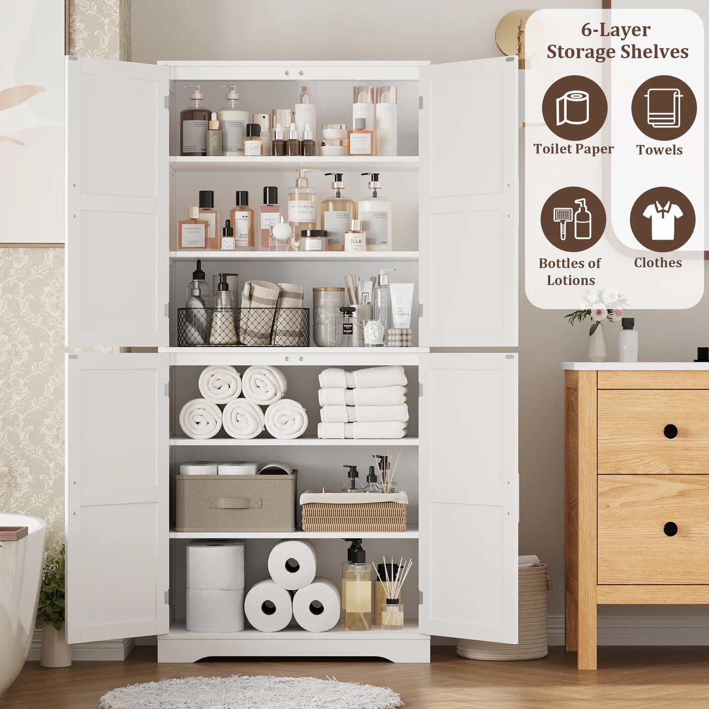 Homfa 71'' Bathroom Cabinet with 6 Storage Shelves, Freestanding Wooden Linen Cabinet for Living Room, White