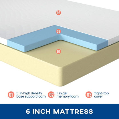 FDW Twin Mattress 6 inch Gel Memory Foam Mattress Queen Mattresses Medium Firm Mattresses,White