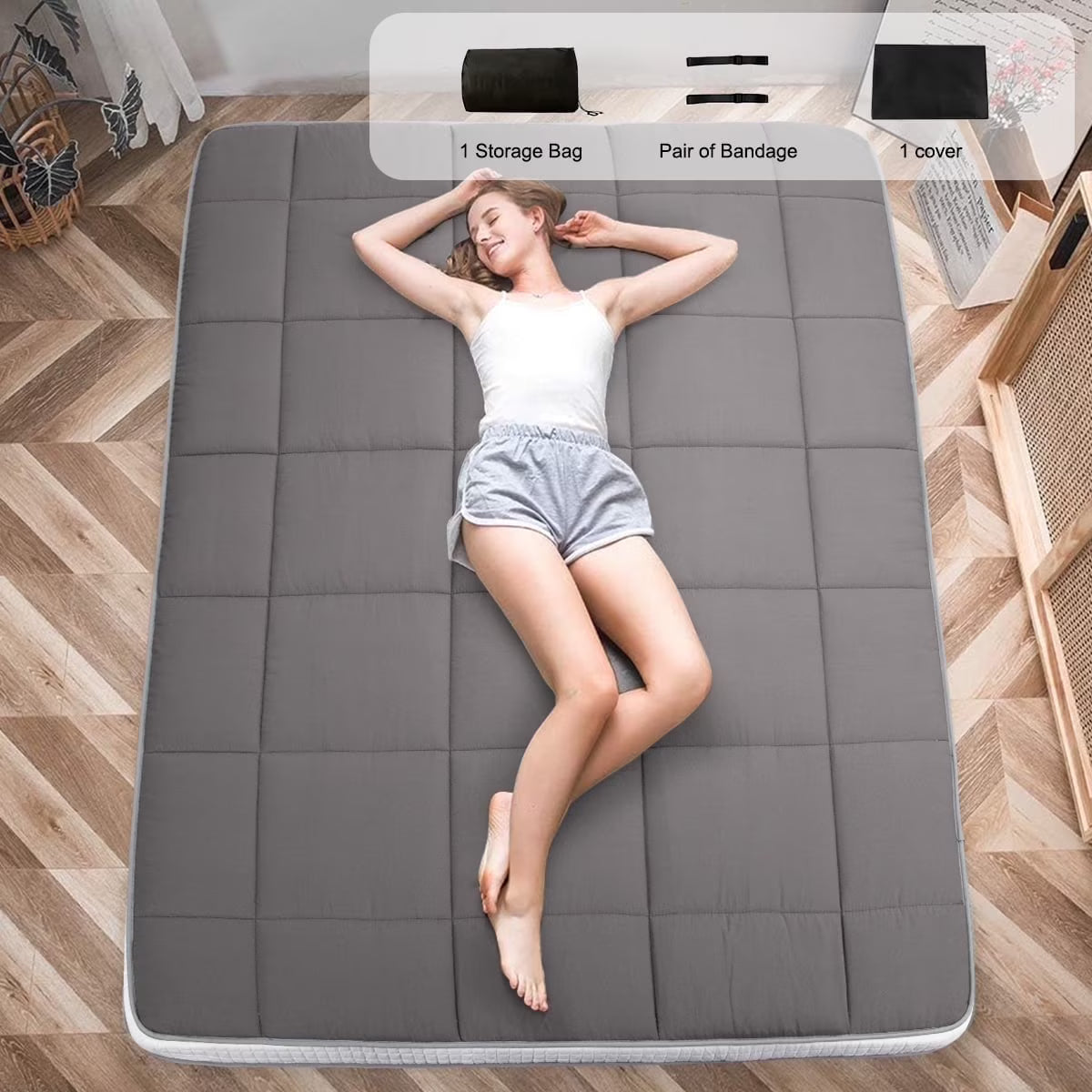 CshidWorld Japanese Floor Mattress, Futon Mattress w/Storage Bag & Washable Cover, Roll up Floor Mattress 4° F Thick Tatami Mattress Quilted Bed Mattress Topper for Dorm, Guest Room, Gray, Queen
