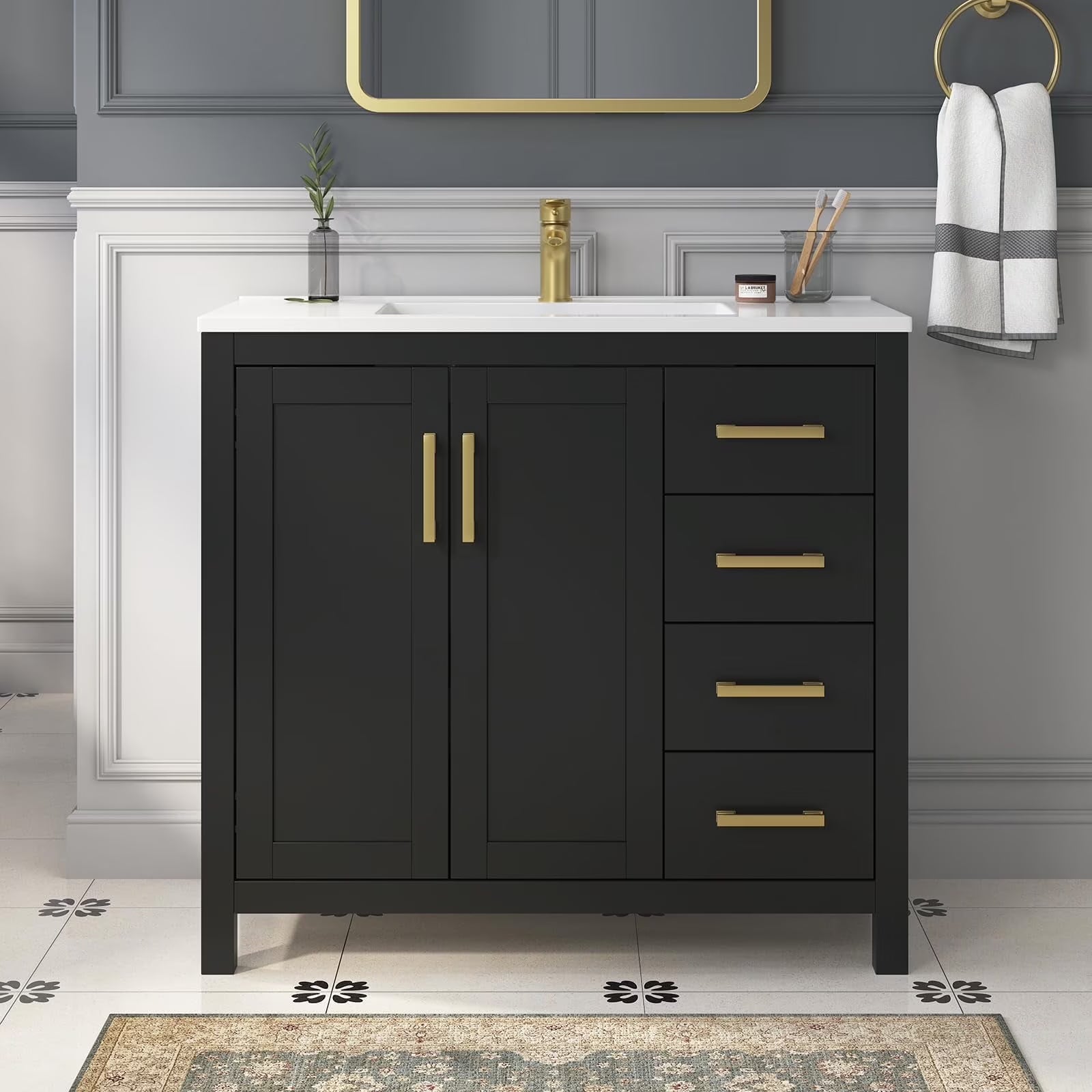 DELUXE LIVING 36 Inch Bathroom Vanity with Sink, Modern Black Bathroom Vanities with Adjustable Feets, 2 Soft-Closing Doors & 4 Drawers, Integral Sink