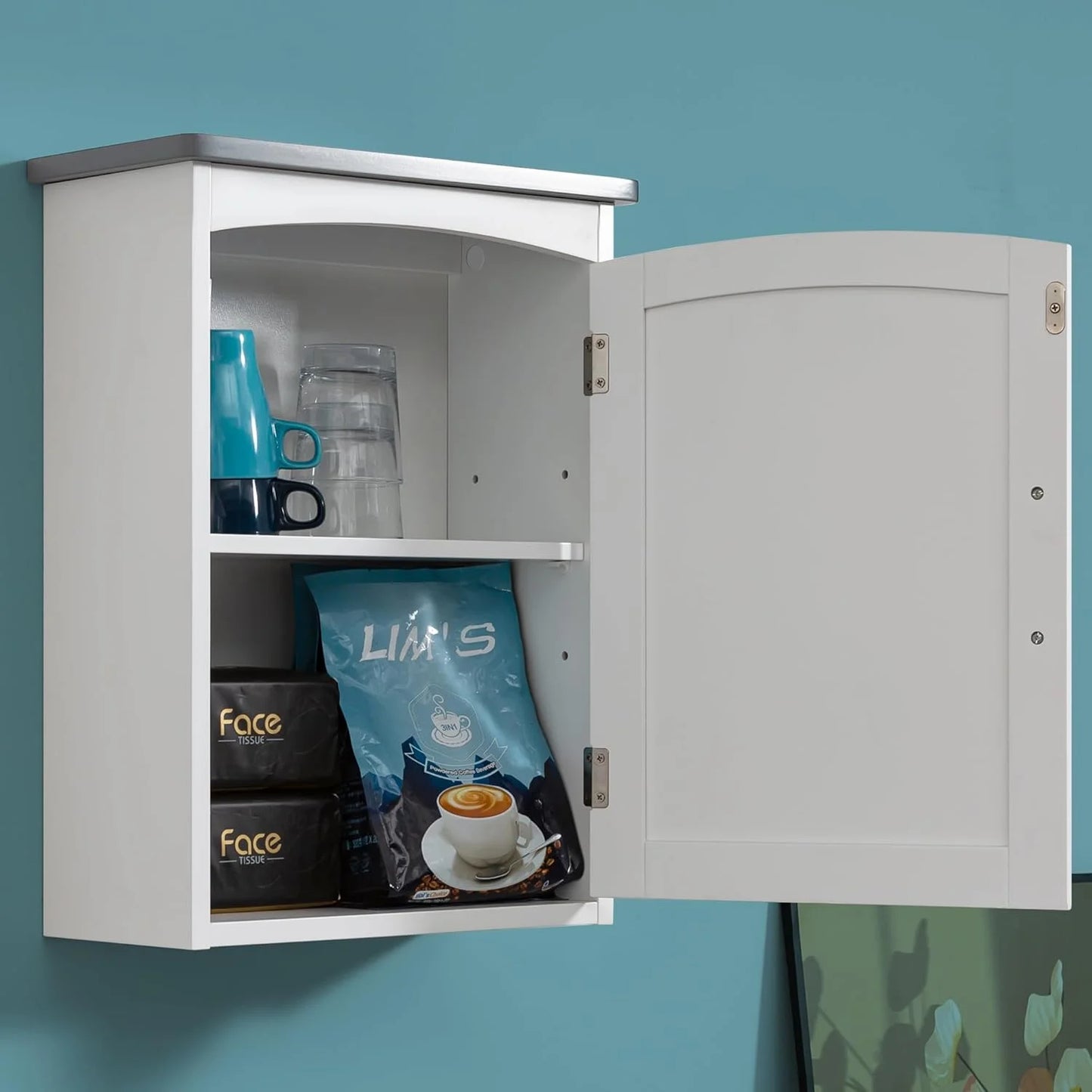 Bathroom Wall Cabinet 15 x 20 Inch Small Wall Cabinets Single Door Over Toilet Medicine Cabinet for Small Bathrooms - Matte White Finish with Gray Top, Soft Close Hinges