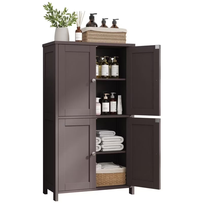 Bathroom Storage Floor Cabinet Organizer with Adjustable Shelf 4 Magnetic Doors 43" Wooden Pantry Cabinet Freestanding for Kitchen Living Room Small Spaces,Brown