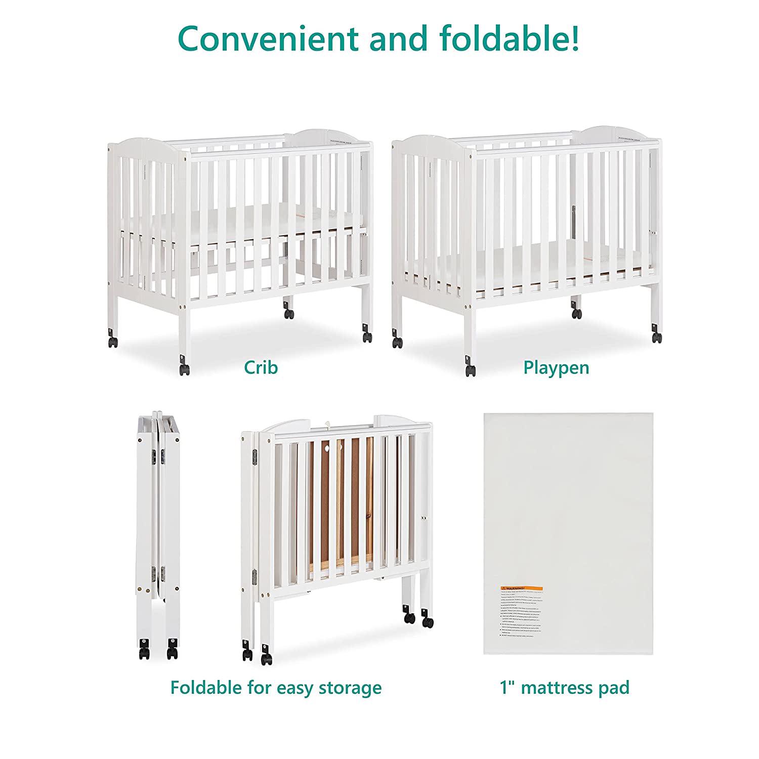 Dream On Me 2-in-1 Folding Portable Mini Crib in White. Mattress Pad Included. Easy to Fold and Store Baby Crib. Two Adjustable Mattress Height positions Convertible Crib