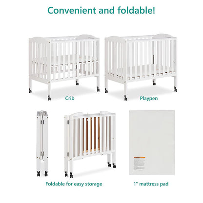 Dream On Me 2-in-1 Folding Portable Mini Crib in White. Mattress Pad Included. Easy to Fold and Store Baby Crib. Two Adjustable Mattress Height positions Convertible Crib
