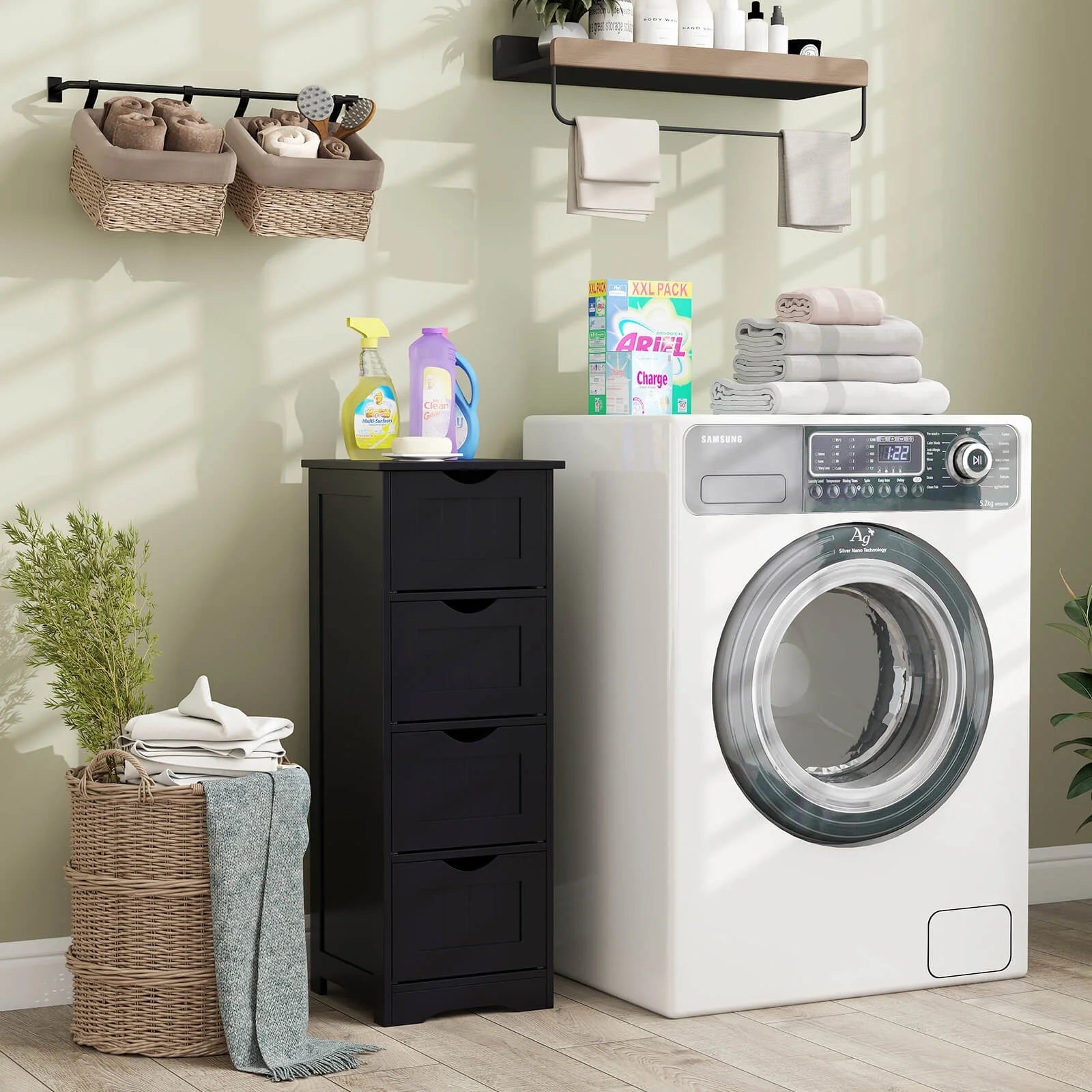 Costway 32.5'' Bathroom Floor Cabinet with Anti-tipping Device Freestanding Towel Cabinet Black