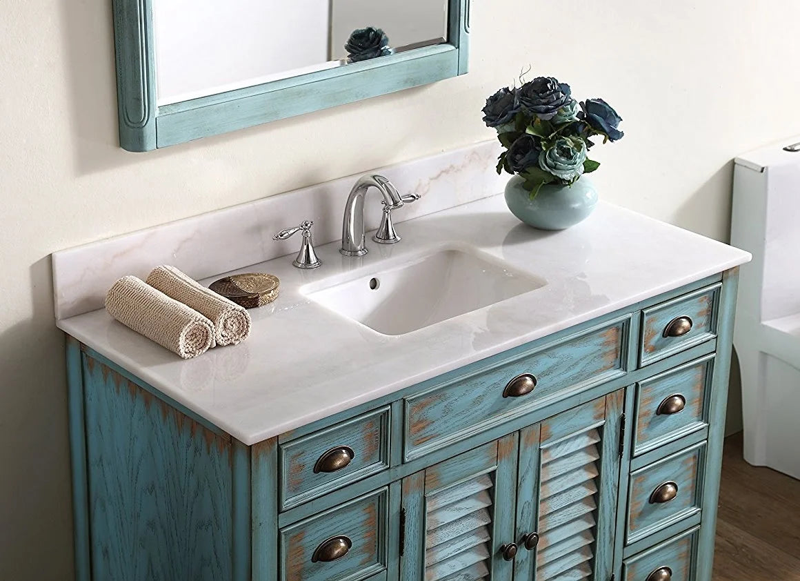 Benton Collection 46" Distressed Blue Farmhouse Bathroom Vanity with White Marble Top