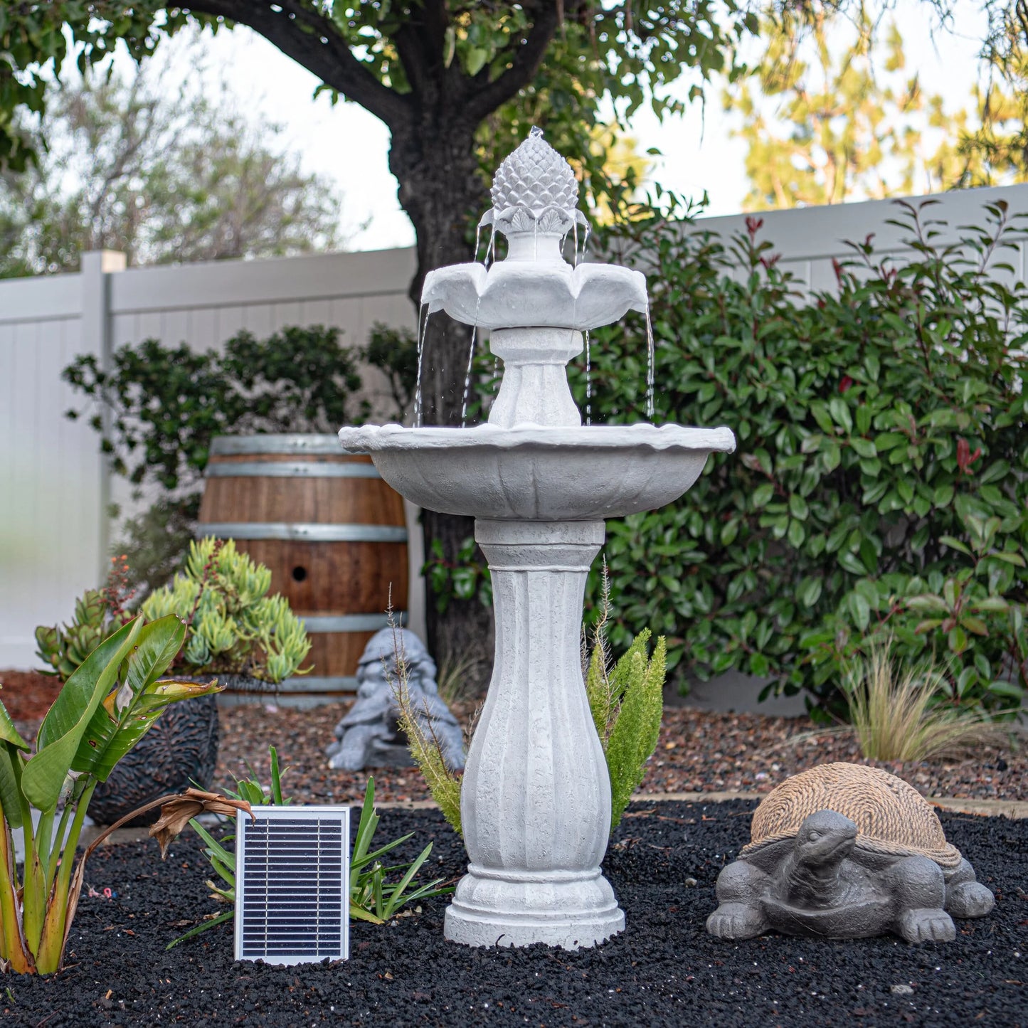 XBrand 44" H White Fiberglass/Resin 2-Tier Solar Water Fountain w/Solar Panel and Auto-Shut Off Pump, Solar Garden Fountain, Tall Outdoor Fountain, Two Tiered Birdbath Fountain