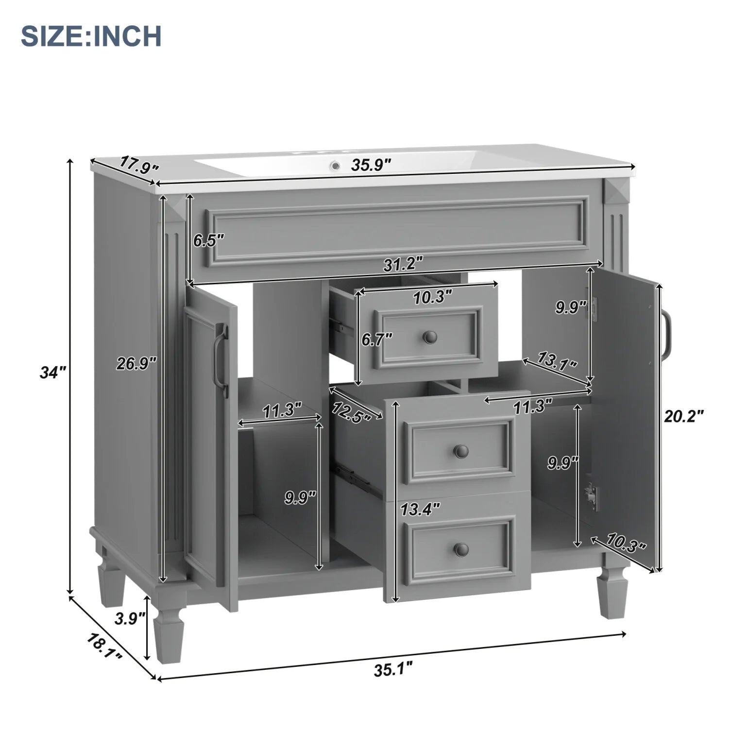 Modern Bathroom Furniture Set, 36" Bathroom Vanity with Top Sink, 35" Wall Mounted Bathroom Storage Cabinet, Mirror Cabinet with 6 Shelves, Storage Cabinet with 2 Doors and 2 Drawers, Grey