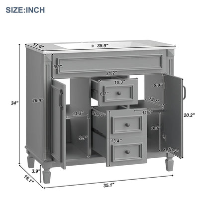 Modern Bathroom Furniture Set, 36" Bathroom Vanity with Top Sink, 35" Wall Mounted Bathroom Storage Cabinet, Mirror Cabinet with 6 Shelves, Storage Cabinet with 2 Doors and 2 Drawers, Grey