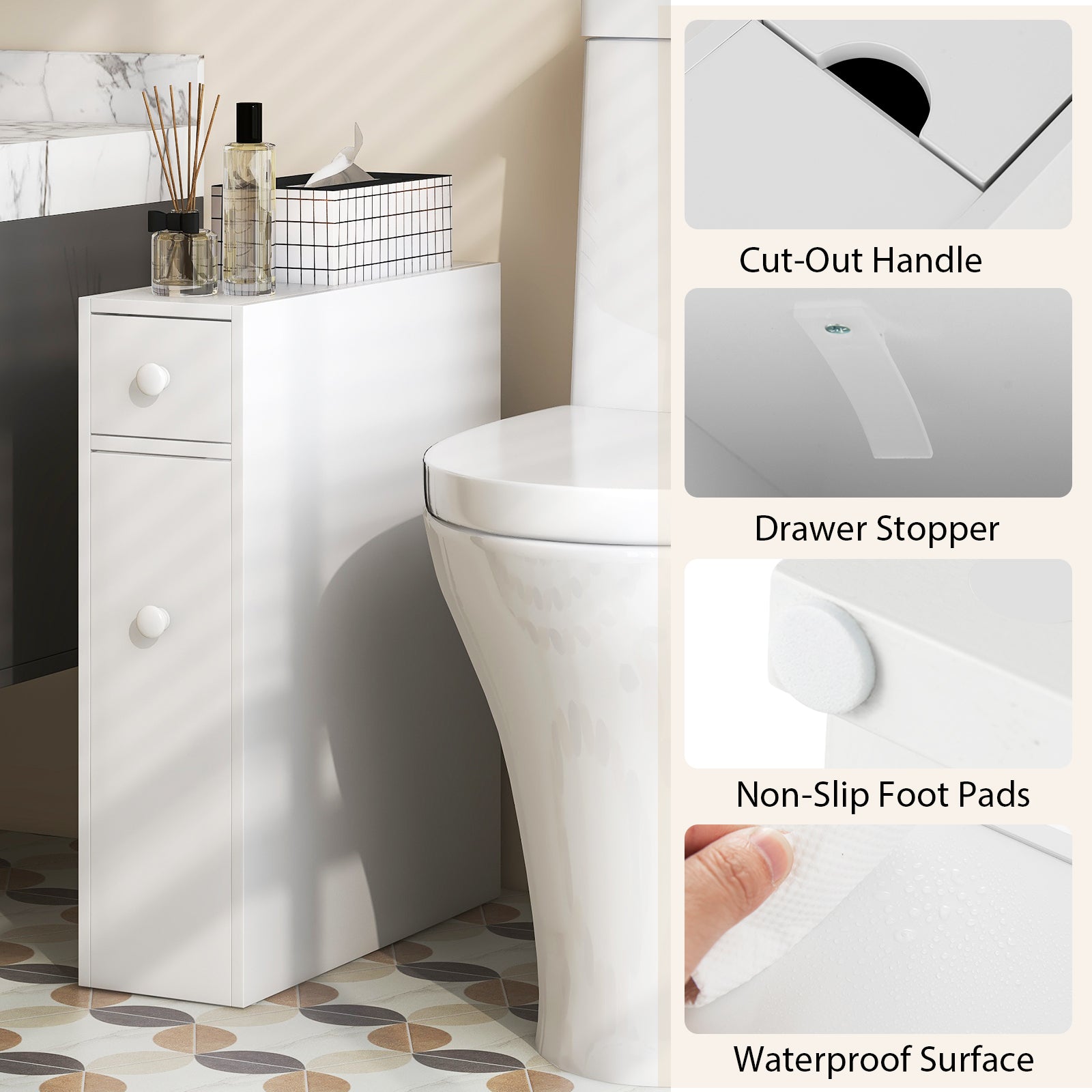 Topbuy Slim Bathroom Storage Cabinet Freestanding Toilet Paper Holder with Slide Out Drawers for Small Spaces White