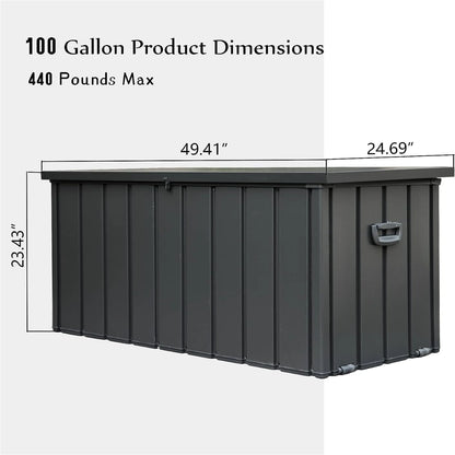 100 Gallon Outdoor Storage Deck Box Waterproof, Large Patio Poolside Storage Bin for Outside Cushions, Throw Pillows, Garden Tools (Dark Gray)