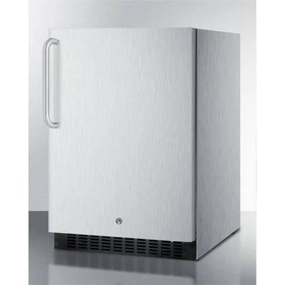 Outdoor all-refrigerator for built-in use, with lock, digital thermostat, towel bar handle, and stainless steel wrapped exterior
