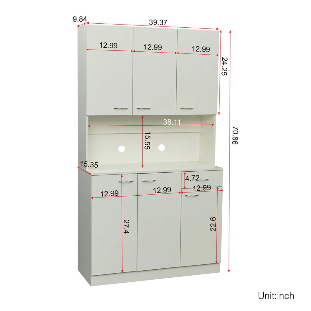 70.87" Tall Wardrobe & Kitchen Cabinet, Freestanding Storage Cabinet with 6 Doors, 1 Open Shelves and 1 Drawer, Kitchen Pantry Cabinet Buffet Sideboard Cabinet with 2 Cable Holes for Bedroom, White