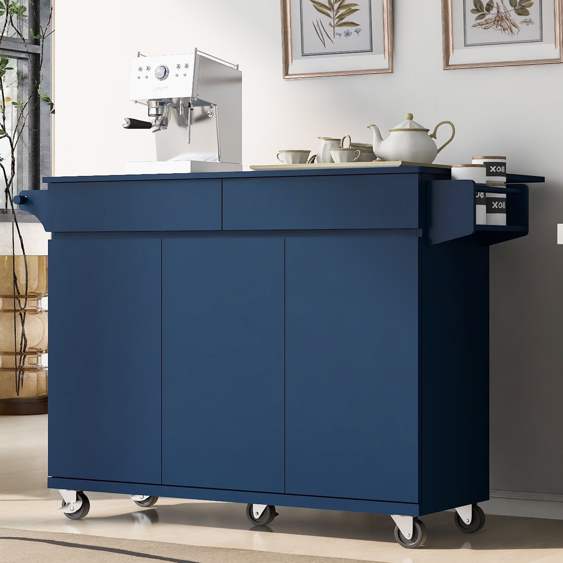 53.2'' Kitchen Island with Drop Leaf, Kitchen Storage Cart with Spice Rack, Towel Rack and 2 Drawers, Rolling Kitchen Island on Wheels with Adjustable Shelves, Navy Blue