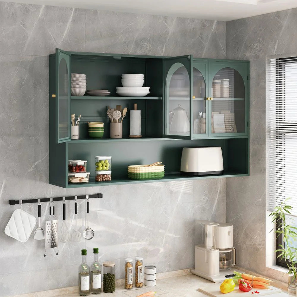 Dasun 47.25" Four-door Glass Wall Cabinet Storage, Wall-mounted, Suitable for Kitchen, Living Room, Bathroom(Black)