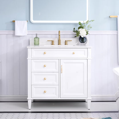 FORCLOVER 36" Bathroom Vanity with Sink Top Combo Set, Freestanding Solid Wood Bathroom Makeup Cabinet W/1 Soft-Close Door and 3 Soft-Close Drawers, Carrara White Quartz Countertop, Grey