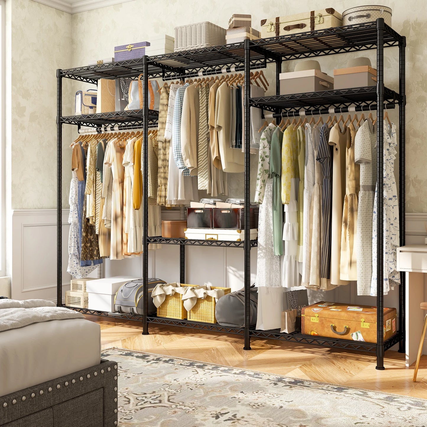 EnHomee Clothing Rack Portable Closet Organizer with 9 Shelves & 3 Rods,Heavy Duty Adjustable Wardrobe Rack 795 LBS CapacityBlack