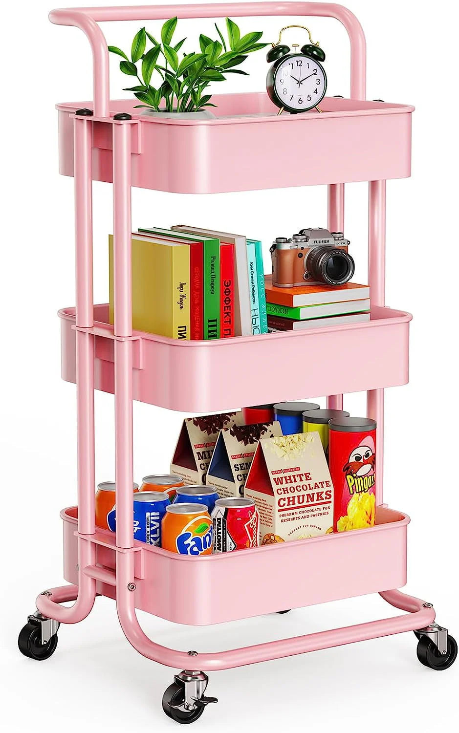 3-Tier Metal Rolling Cart Utility & Storage Cart with Lockable Wheels Kitchen Bathroom Office(White)