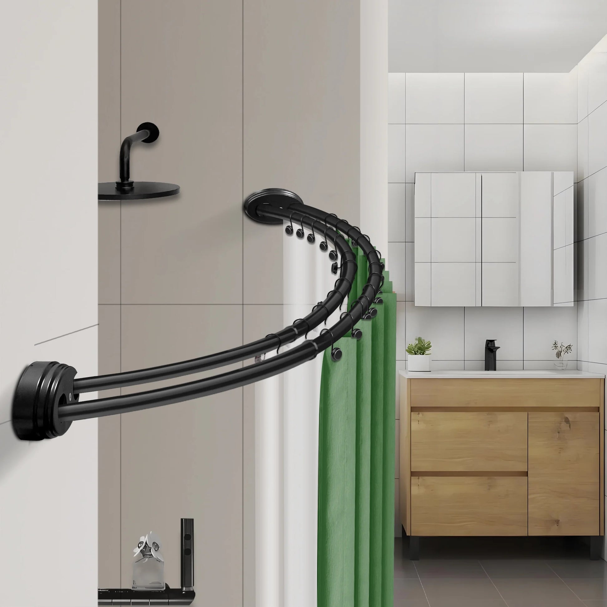 Utopia Alley Rustproof Wall Mounted Aluminum Double Curved Shower Curtain Rod, Screw Mount Rod, Secure Than Tension, Adjustable Shower Rod from 45" to 72", Includes shower liner & hooks (Black)