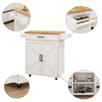 Rolling Kitchen Island with Solid Wood Top & Pull-out Drawer, Kitchen Trolley Cart with Spice Rack & Towel Rack & Storage Pantry Cabinet with Adjustable Shelf, Kitchen Island Cart on Wheels, White
