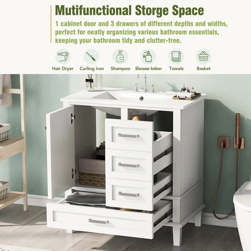 Bellemave 30" Bathroom Vanity with Sink, Cabinet with Sink Combo Set with Top, Bathroom Storage Cabinet with 3 Drawers and 1 Soft Closing Door, 30 Inch Vanity with Sink for Bathroom(White)