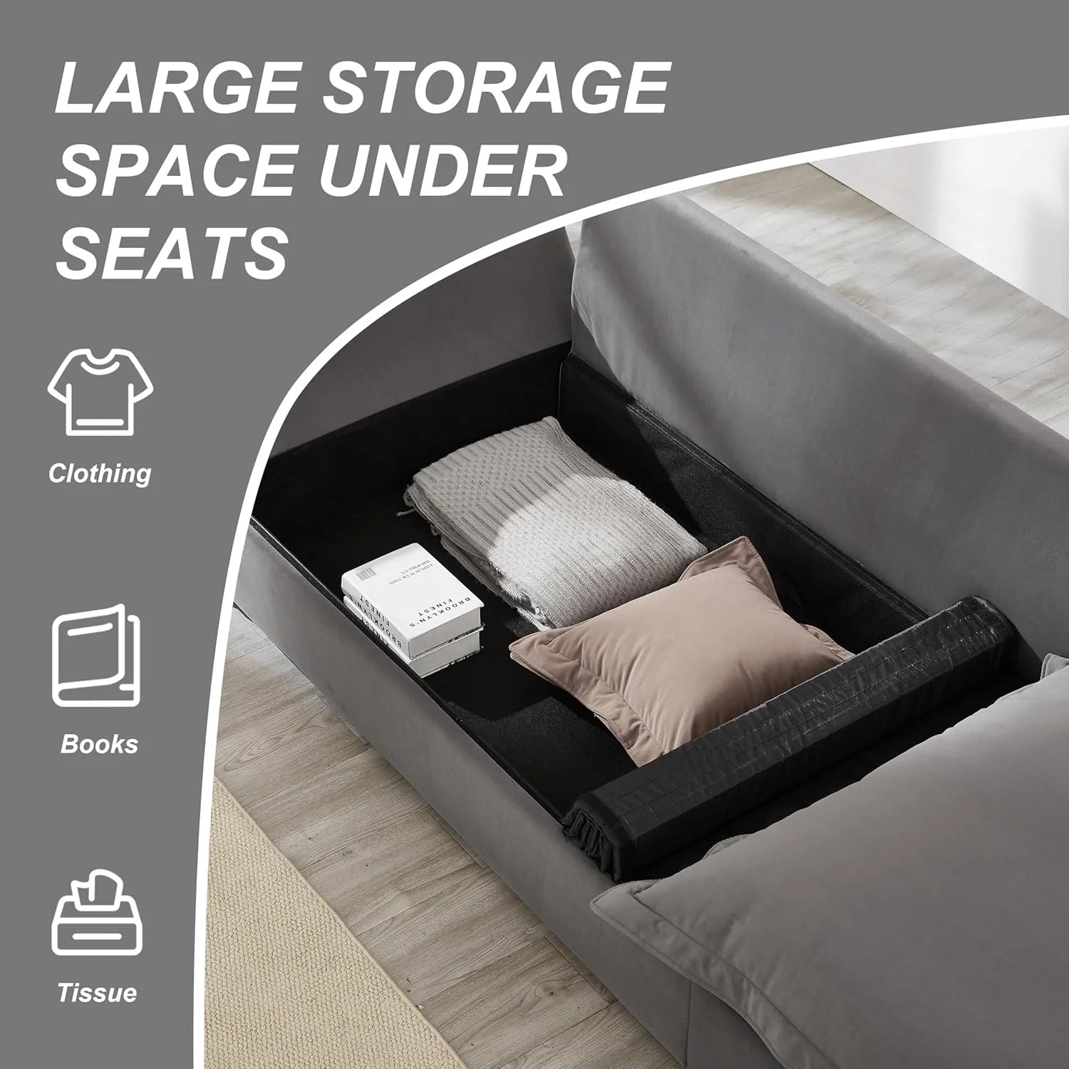 125.98 Inch Sailing Design Modular Sectional Cloud Sofa with Storage, Modern Deep Seat Couch w/Throw Pillows & Removable Backrest for Living Room Bedroom Apartment,Grey
