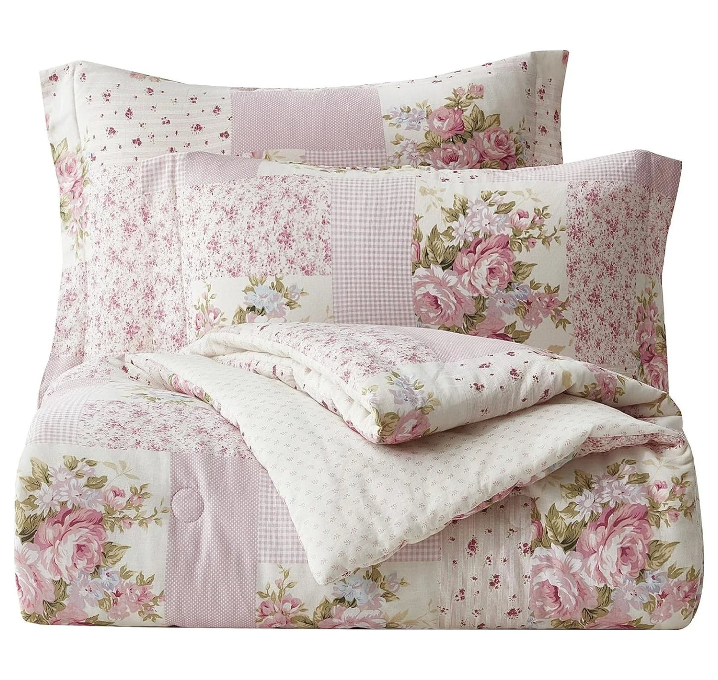 YOSITiuu Rosy 3-Piece Queen Size Washed Cotton Comforter Set - Floral Bedding Set Ivory Green Flower Polka Dot Printed Patchwork Reversible Lightweight Comforter for All Season