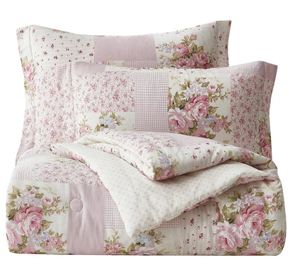 YOSITiuu Rosy 3-Piece Queen Size Washed Cotton Comforter Set - Floral Bedding Set Ivory Green Flower Polka Dot Printed Patchwork Reversible Lightweight Comforter for All Season