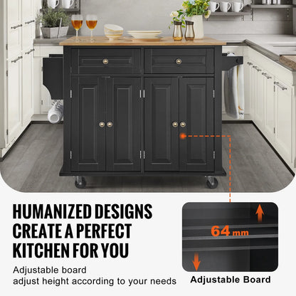 VEVOR Kitchen Island Cart, 43" Wood Top Mobile Carts with Storage Cabinet, Rolling Table with Drop Leaf, Spice Rack, Towel Bar, Adjustable Shelf, Drawer, and Hooks, Portable Islands on Wheels, Black