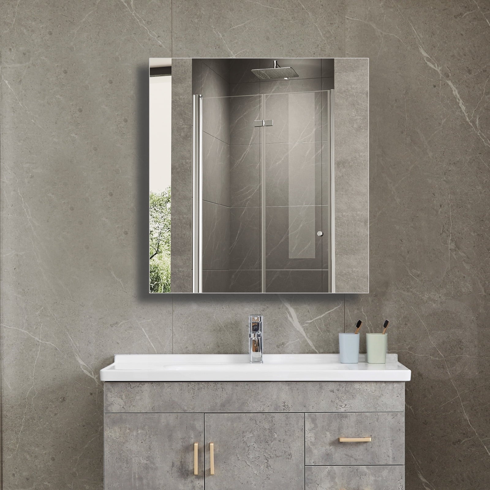 FUMANGO Aluminum Bathroom Medicine Cabinet, 24" x 24", firm and durable, waterproof and rust-proof, recessed or surface mounted,,Assembly required