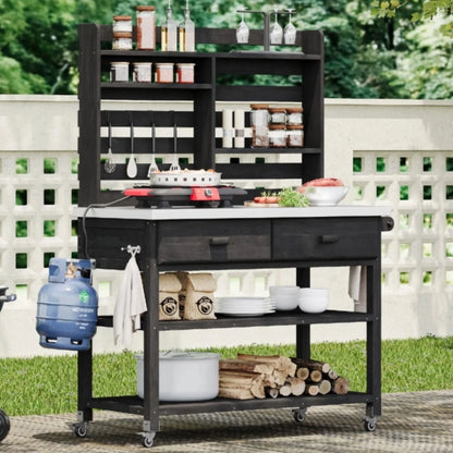 Euroco 64.9"H Outdoor Potting Bench Table with Lockable Wheels, Solid Wood Outdoor Kitchen Island with Upper Hutch, Stainless Steel Top, Towel Rack ,Outdoor Storage for Grilling, Lawn Garden -Black
