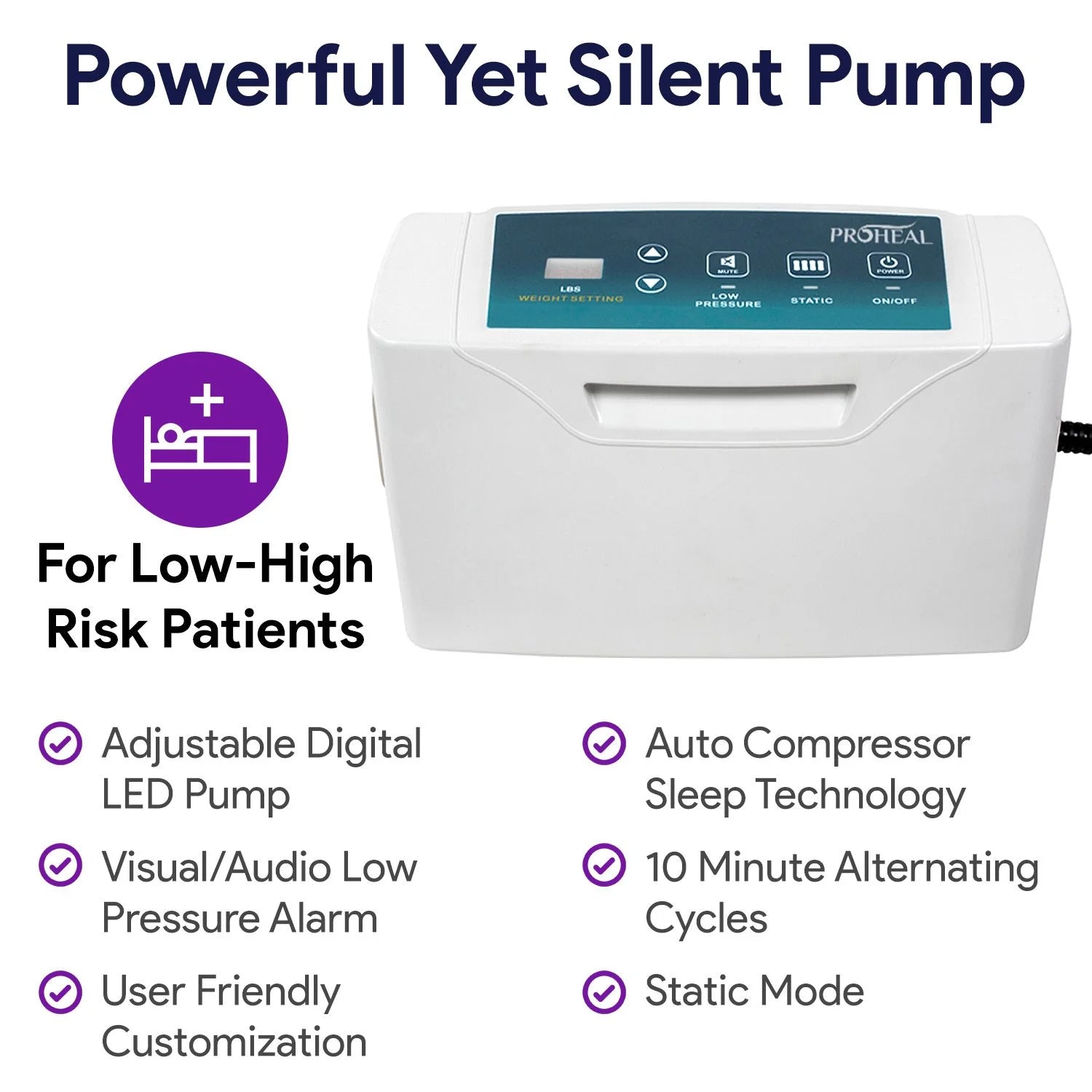Proheal Low Air Loss Alternating Pressure Air Mattress with Digital Silent Air Pump & Side Perimeter - 36° x 80° x 8/11"