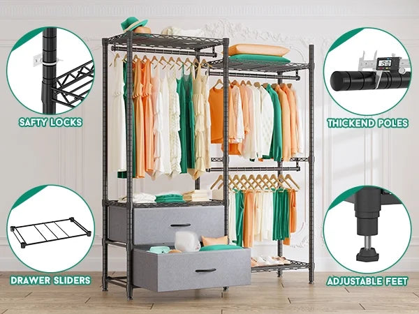 EnHomee Clothing Rack Heavy Duty Clothes Rack with 2 Drawers Adjustable Metal Wardrobe Organizer,620lbs Load Capacity