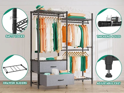 EnHomee Clothing Rack Heavy Duty Clothes Rack with 2 Drawers Adjustable Metal Wardrobe Organizer,620lbs Load Capacity