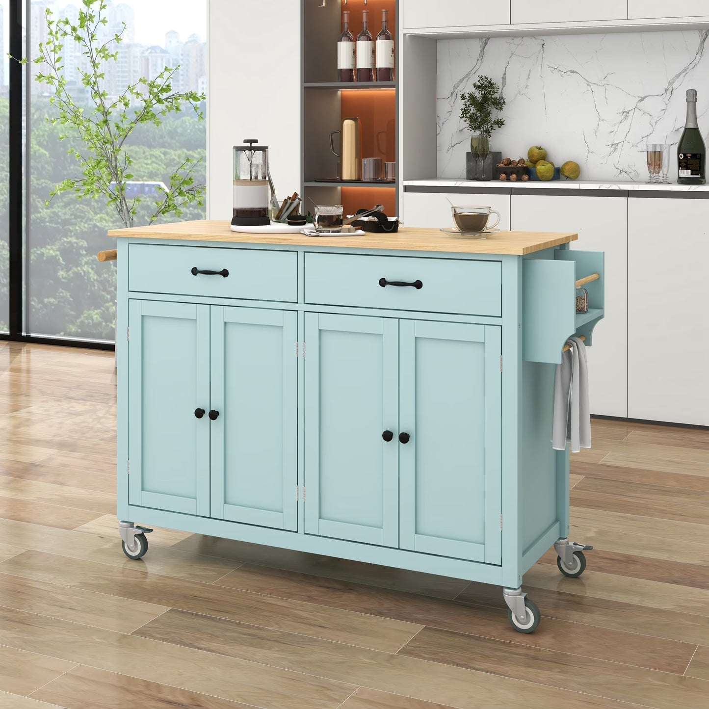 Aukfa Rolling Kitchen Island Cart with Storage Towel Racks & 4 Door Cabinet, White