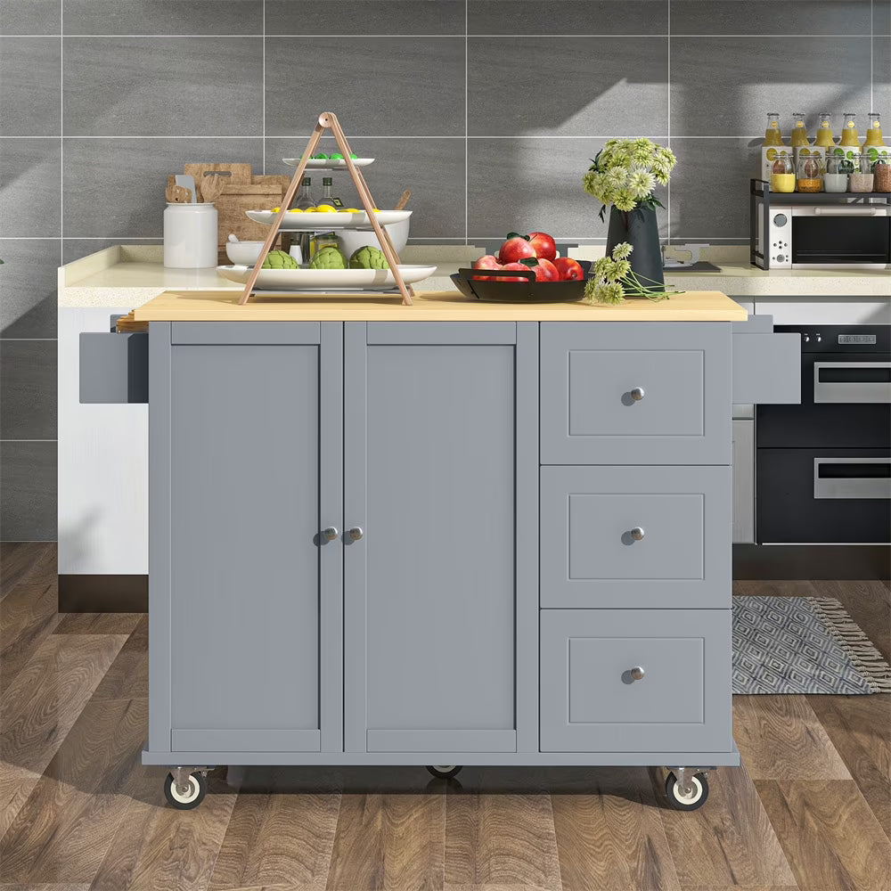 Kitchen Island Cart with Drop-Leaf Tabletop and Locking Wheels, 52.7" Large Kitchen Trolley Cart with 2 Door Cabinet and 3 Storage Drawers, Spice Rack Towel Rack, Rolling Kitchen Island Cart, White