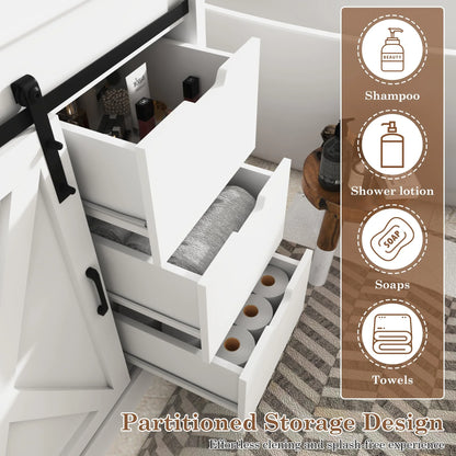 Blotout 36" Bathroom Vanity with Sink & Faucet & Mirror, Farmhouse Bathroom Vanity Cabinet Set with Sliding Barn Door & 3 Drawers, Freestanding Single Bath Storage Vanity Ceramic Sink, White