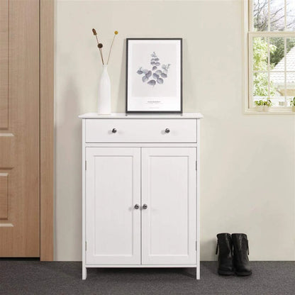 BaytoCare Wooden Free Standing Bathroom Floor Cabinet with Drawer and Double Doors, Bathroom Storage Organizer also Suitable for Kitchen Entryway Bedroom, White Finish