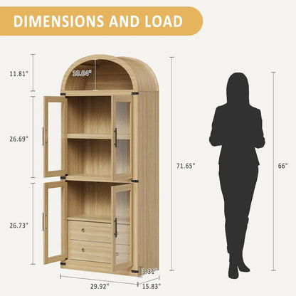 Arched Kitchen Pantry Storage Cabinet with 2 Drawers, 71-Inch Tall Farmhouse Wood Bookcase with 4 Doors for Kitchen Dining Room Bathroom