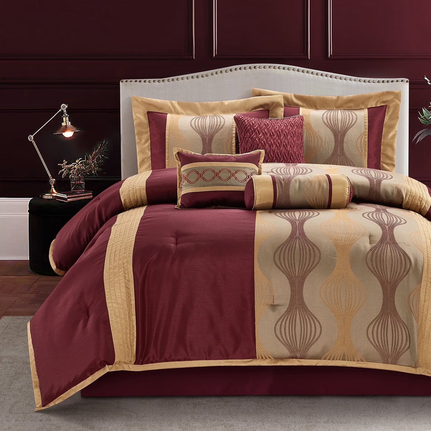 Lanco Elegant Black and Gold Comforter Set,Striped, 7 Pieces Jacquard Bedding Sets with Comforter for All Season, Bed Skirt, Pillows & Shams, Queen Size, Lightweight Microfiber