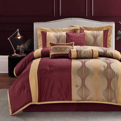 Lanco Elegant Black and Gold Comforter Set,Striped, 7 Pieces Jacquard Bedding Sets with Comforter for All Season, Bed Skirt, Pillows & Shams, Queen Size, Lightweight Microfiber