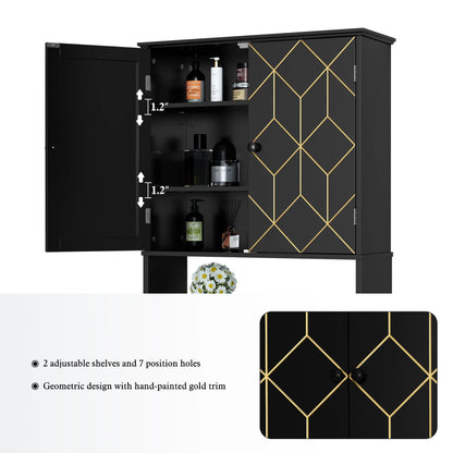HLR Over The Toilet Storage Cabinet, Bathroom Above Toilet Storage Cabinet with Doors and Adjustable Shelves, Black