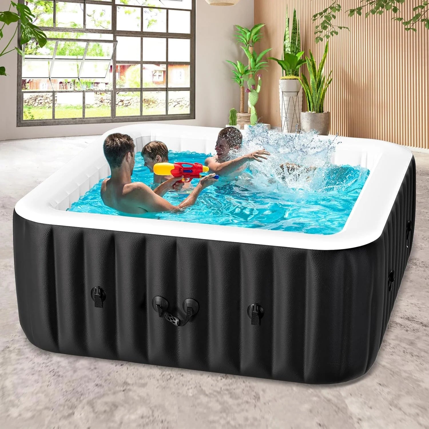 73" X 73" X 25" Inflatable Hot Tub for 4-6 Person Square, 240 Gallon Large Portable Hottub Spa with 130 Bubble Air Jets, Blow Up Spa Bathtub with LED Control Panel, 2 Filter, Temperature up to 104° F