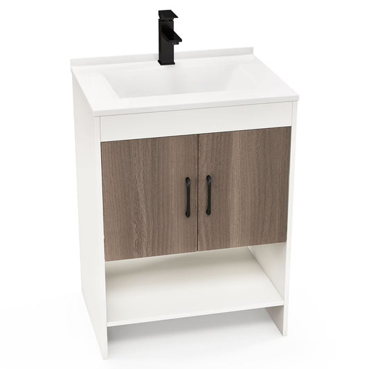 Gymax 25'' Bathroom Vanity Sink Combo w/Doors Open Shelf Backsplash Faucet Pop Up Drain