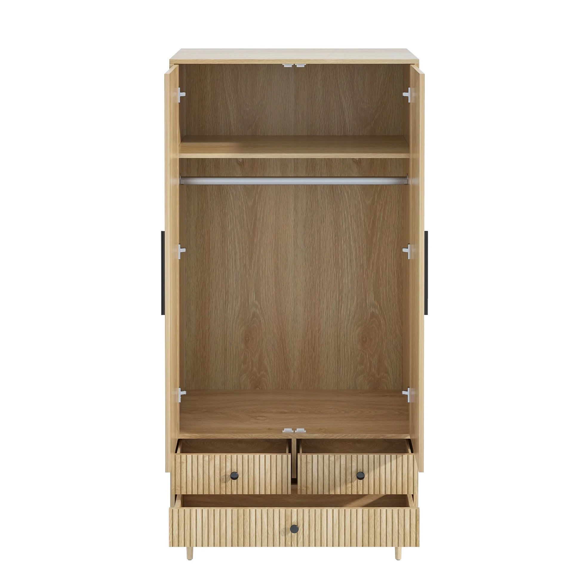 Oubayajia Wardrobe Armoire Closet, 2 Fluted Doors Wardrobe Cabinet with 3-Drawer and Hanging Rod, Wood Wardrobe Storage for Bedroom