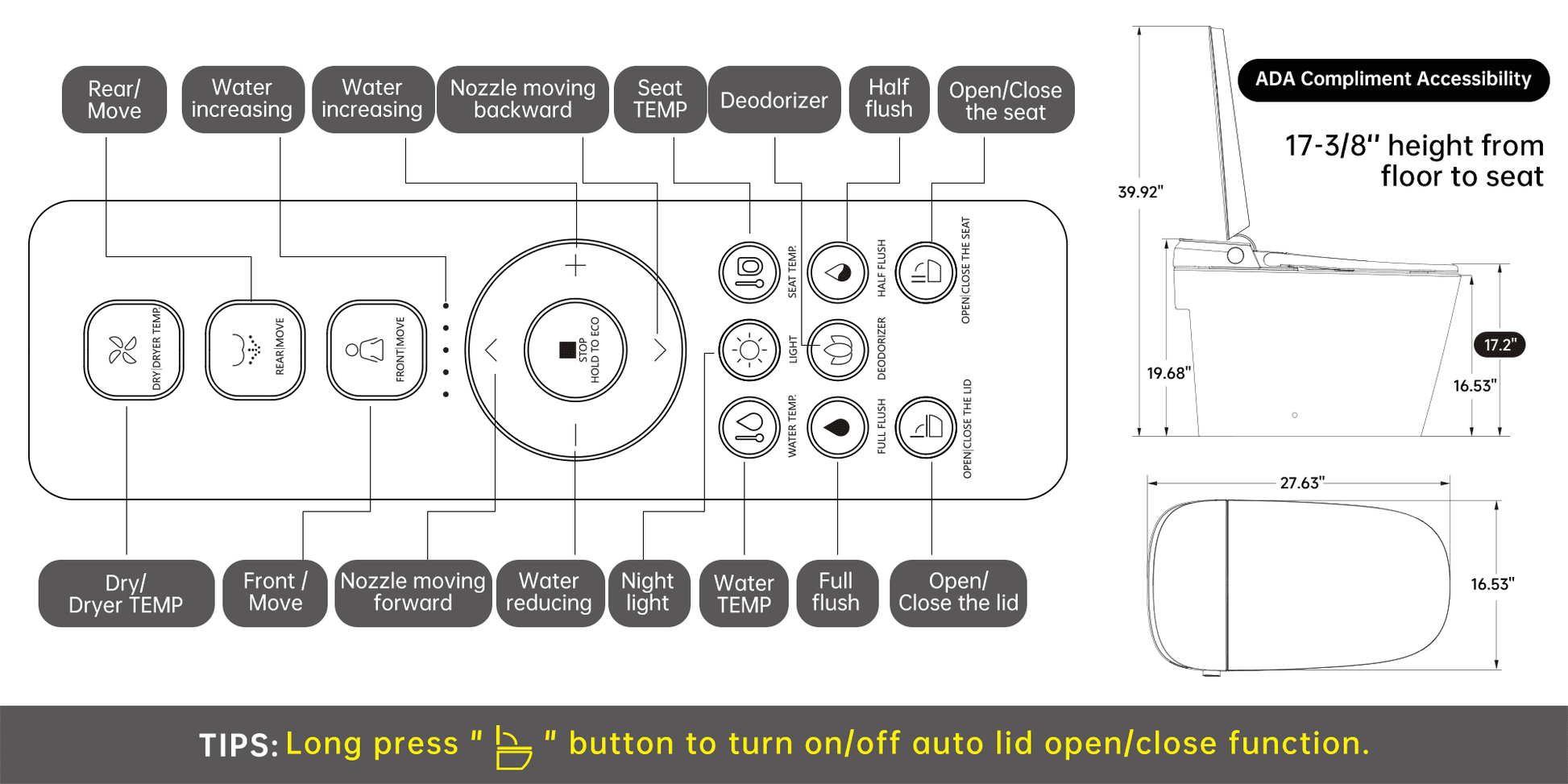 Smart Bidet Toilet Built in Tank,Comfortable Seat Height, Dual-Flush Elongated Toilet Bidet, Foot Sensor Flush/Open Seat Toilet U8Pro