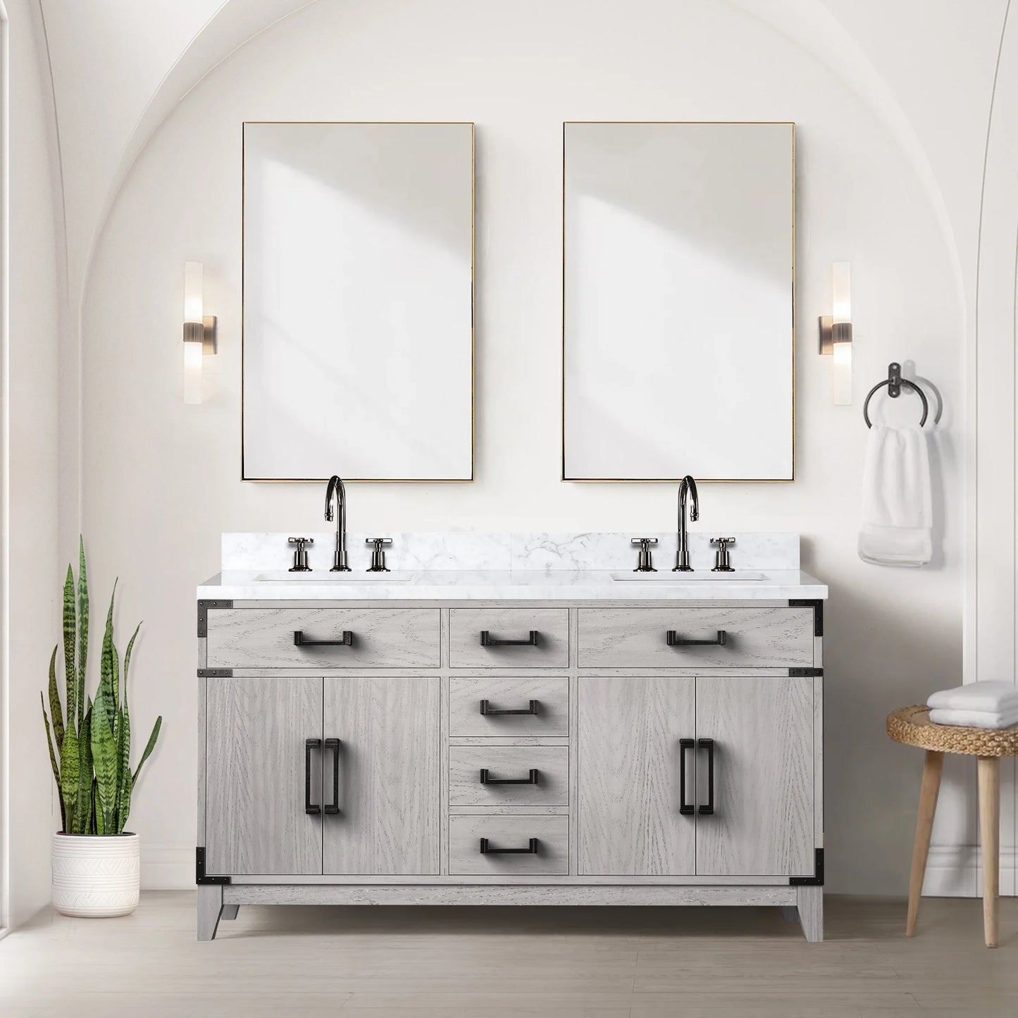 Laurel 60 in W x 22 in D White Oak Double Bath Vanity and Carrara Marble Top