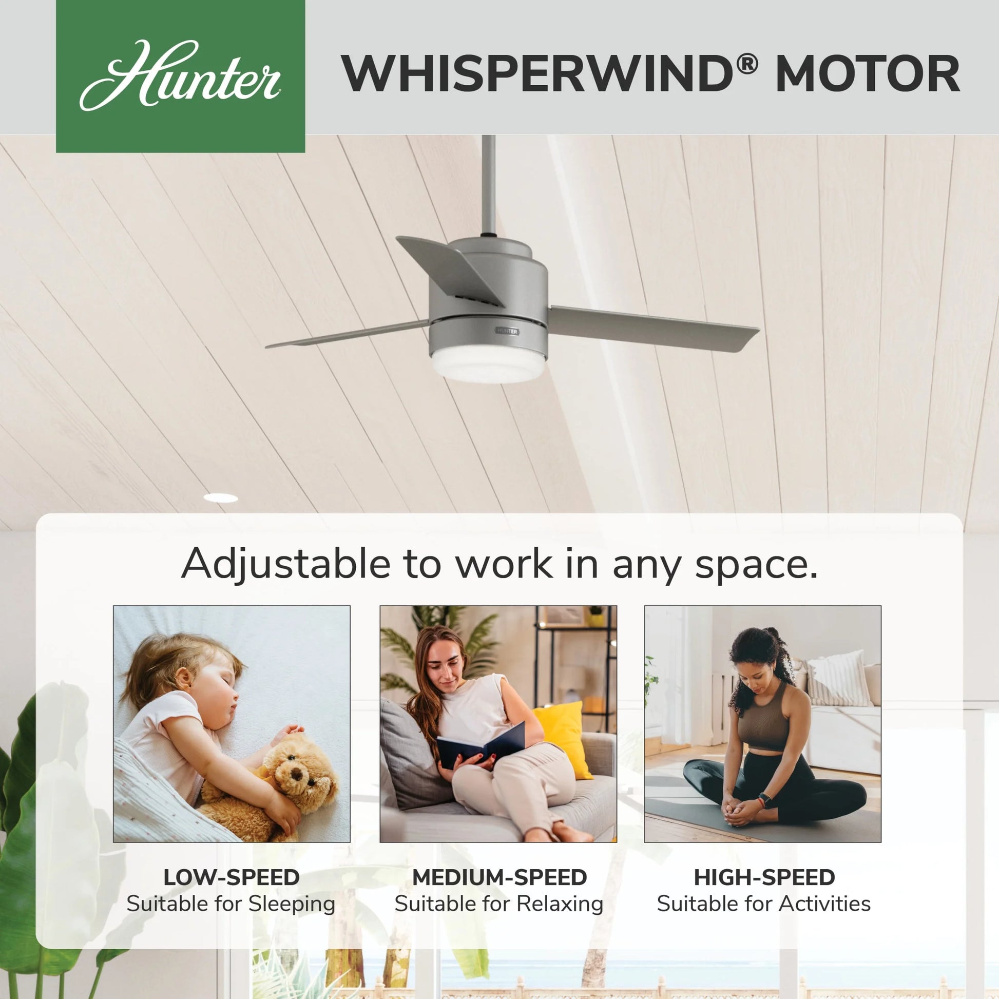 Hunter - Gilmour Indoor/Outdoor Ceiling Fan With Light, Remote, 44-inch, Matte Silver, Casual-style, 3-speed WhisperWind Motor, 51845, for Porches, Bathrooms