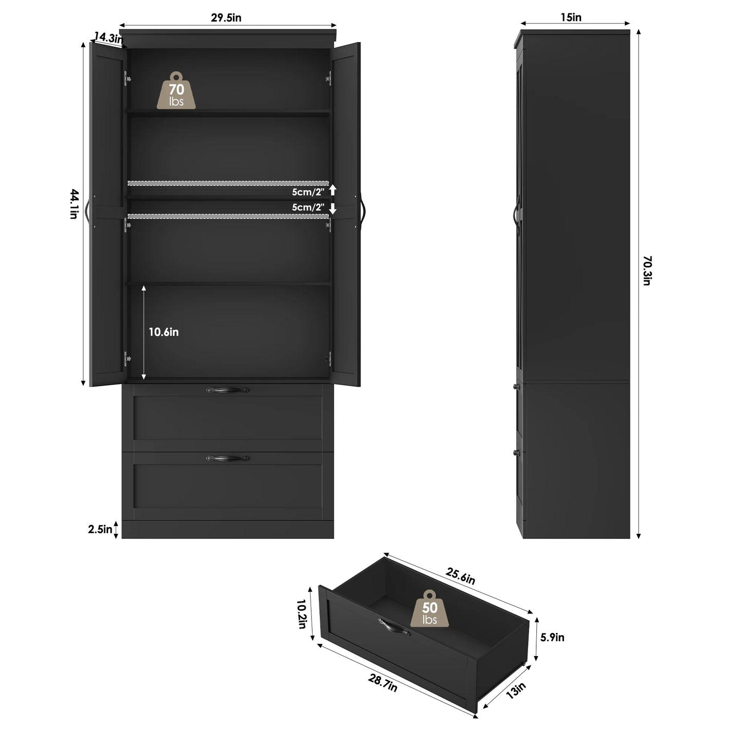 Homfa 70.3"H Bathroom Storage Cabinet, Farmhouse Linen Storage Cabinet with 2 Drawers, White