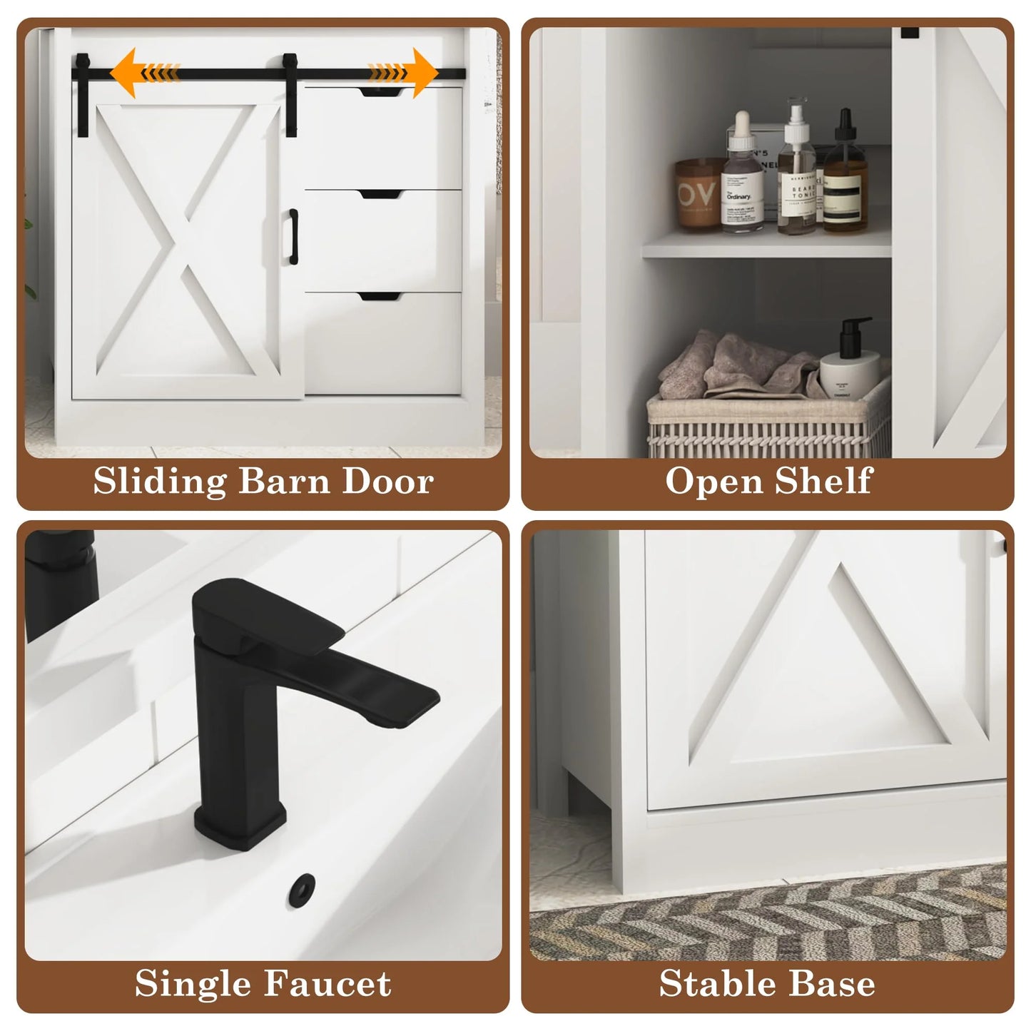 Blotout 36" Bathroom Vanity with Sink & Faucet & Mirror, Farmhouse Bathroom Vanity Cabinet Set with Sliding Barn Door & 3 Drawers, Freestanding Single Bath Storage Vanity Ceramic Sink, White